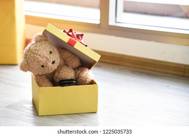 Pretty doll bear inside box for surprise presents on Christmas Day. Concept Christmas Day, Family Day, Christmas Eve , Happy New Year