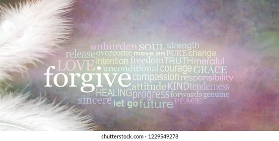 Angelic forgive Word Cloud Rustic Banner - two white feathers with a FORGIVE word cloud between against a dark stone effect multicoloured rustic grunge background