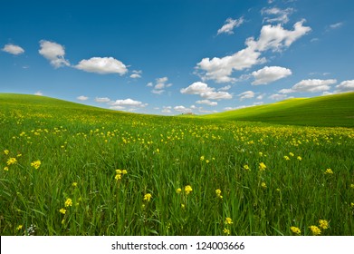トスカーナの農家と緑の斜面の牧草地