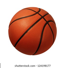Basketball lokalisiert auf einem weißen Hintergrund als Sport- und Fitnesssymbol einer Teamfreizeitaktivität, die mit einem Lederball spielt, der in Wettkampfturnieren dribbelt und vorbei geht.
