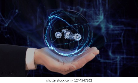 Geschilderde hand toont concept hologram 3d moto op zijn hand. Getekende man in pak met toekomstig technologiescherm en moderne kosmische achtergrond