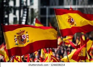 Spaanse vlaggen zwaaien tijdens een protest voor de eenheid van Spanje