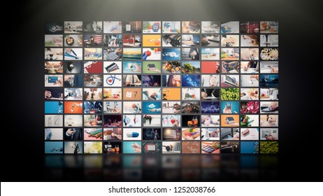 Television streaming video concept. Media TV video on demand technology. Video service with internet streaming multimedia shows, series. Digital collage wall of screen abstract composition