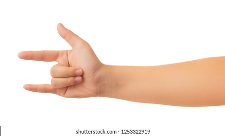 Menschliche Hand beim Zeigen der Hand in "Liebes" -Zeichengeste auf weißem Hintergrund mit Beschneidungspfad, hoher Auflösung und geringem Kontrast für Retusche oder Grafikdesign isolieren