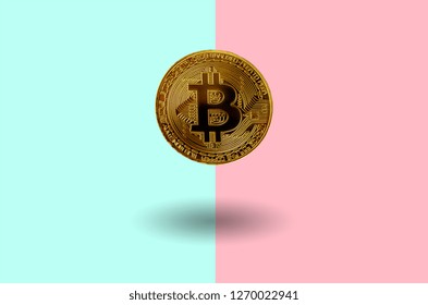 加密货币硬分叉概念。浮动的黄金比特币