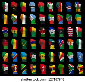 National flag fists of all Africa countries on a black background