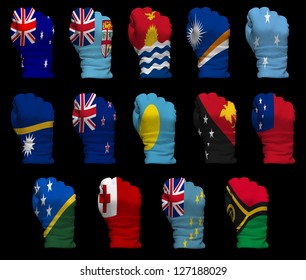 National flag fists of all Oceania countries on a black background