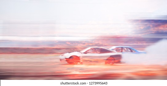 Kabur imej kereta hanyut pertempuran dengan langit dan awan, Pendedahan dua kali.