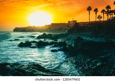 スペインのグラン・カナリア島の崖の上にヤシの木のシルエットが描かれた、岩の多いビーチの素晴らしい夕日。カナリア諸島のプラヤ デル アギラの多色の夕暮れ