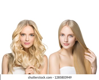 Beautiful hair blonde smooth and curly women beauty concept woman with long hairstyle different color and fashion isolated on white.