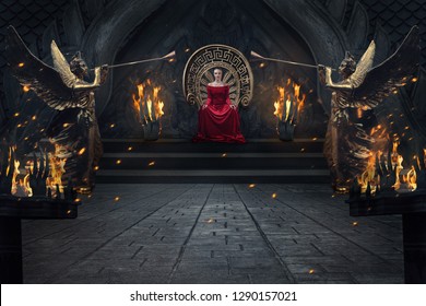Hermosa mujer morena majestuosa en vestido rojo lujoso sentado en el trono en el interior real