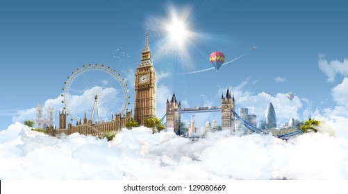 London Heaven - fotografische compositie van beroemde bezienswaardigheden van Londen, Verenigd Koninkrijk