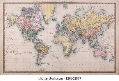 Peta asli dunia berwarna tangan tua pada proyeksi Mercators sekitar tahun 1860, negara-negara diberi nama seperti saat itu yaitu Persia, Arab, dll. Beberapa noda seperti yang diharapkan untuk peta yang berusia lebih dari 150 tahun.