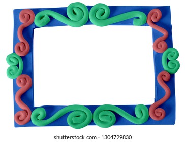 Colorful Play dough (Plasticine or Clay). Picture Frame. Created by hands. Isolated on white background.- Image