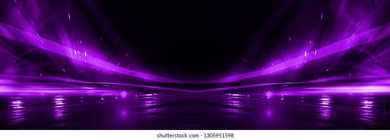 Empty stage background in purple color, spotlights, neon rays. Abstract background of neon lines and rays. Abstract background with lines and glow. Wet asphalt, the reflection of neon lights