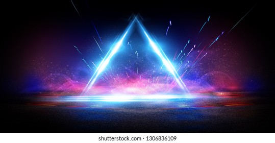 Background of empty street at night, neon light, asphalt, concrete, smoke, smog. Abstract light element in the center, light triangle.