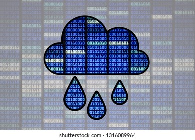 Cloud-Computing-Daten. Big-Data-Cloud-Basisinformationen. Wolkensymbol mit Wassertropfen, die Binärcode im Hintergrund regnen.