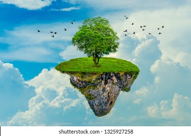 The island floats in the sky with 1 tree on the island. 3D