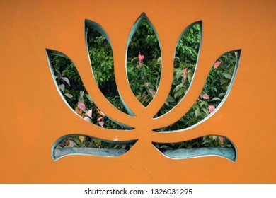 Window to the Buddhist temple's garden in shape of lotus flower, Qi Bao temple, Shanghai, China
