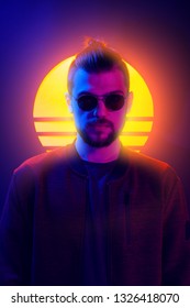 1980s sci-fi futuristic fashion poster style violet neon. Retro wave synth vapor wave portrait of a young man in sunglasses.