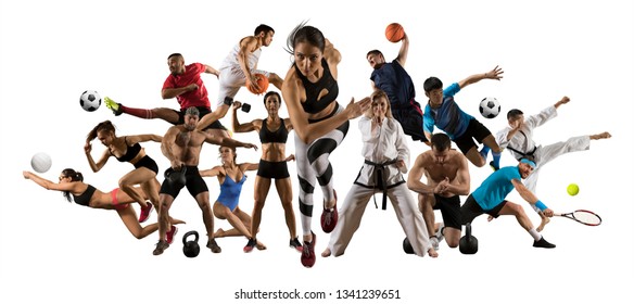 Groot multi-sport collage atletiek, taekwondo, tennis, karate, sokker, basketbal, sokker, liggaamsbou, ens