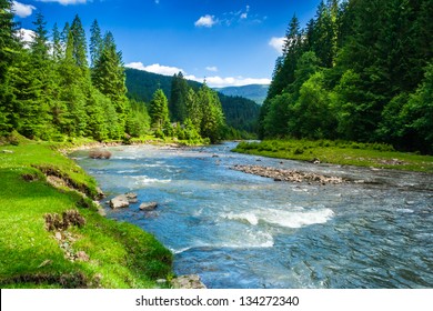 landschap met bergen, bos en een rivier aan de voorkant. mooi landschap