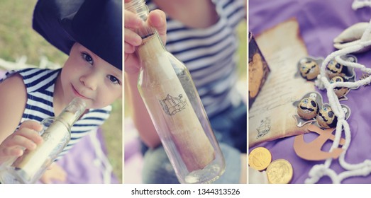 collage children's stylized birthday in nature outdoors in the style of pirates decor for kid. boys brothers in sea pirates costumes. candy bar decorations for a photo shoot