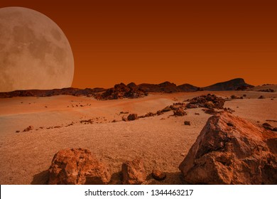 Red planet with arid landscape, rocky hills and mountains, and a giant Mars-like moon at the horizon, for space exploration and science fiction backgrounds. Elements of this image furnished by NASA.