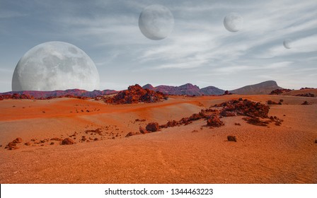 Red planet with arid landscape, rocky hills and mountains, and a giant Mars-like moon at the horizon, for space exploration and science fiction backgrounds. Elements of this image furnished by NASA.