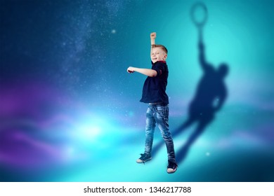 The choice of profession, the future of the child. The boy dreams of becoming a tennis player. Concept profession, sport, childhood dreams. Mixed media