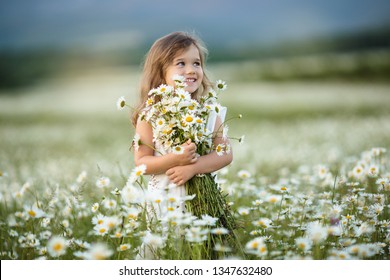 Little cute girl with bouquet of camomile flowers