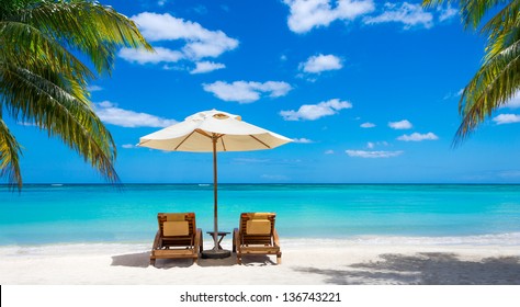 mar turquesa, tumbonas, arena blanca y palmeras, sol, naturaleza muy bonita