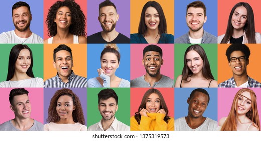 Portrait's collage. Young diverse people grimacing and gesturing at colorful backgrounds. Young and happy concept
