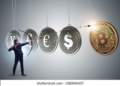 Geschäftsmann am cryptocurrency Konzept zielt mat Pfeil a Bogen