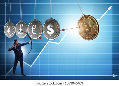Geschäftsmann am cryptocurrency Konzept zielt mat Pfeil a Bogen
