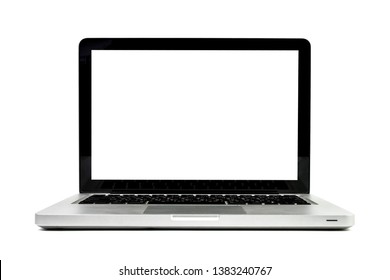 Una pantalla portátil moderna aislada y blanca en la vista de fondo blanco. Imagen de la oficina de negocios. Vista frontal de un cuaderno.
