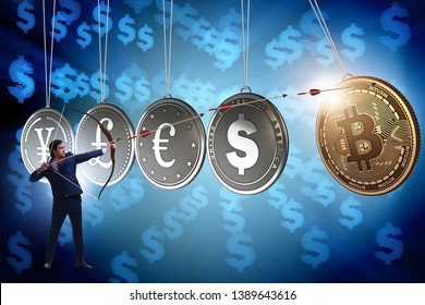 Geschäftsmann am cryptocurrency Konzept zielt mat Pfeil a Bogen