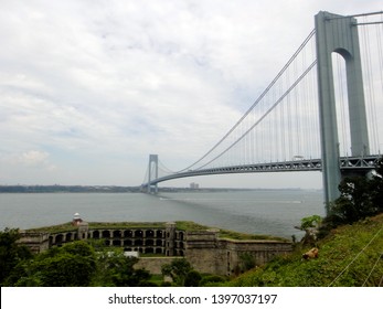A view of the Verrazano Narrows Bridge and Fort Wadsworth in Staten Island, New York