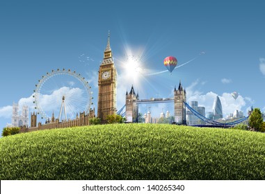 London sommerpark - fotografisk sammensætning af berømte vartegn i London, Storbritannien - solrig baggrund i bybilledet med græsklædt bakke og klar blå himmel - fantastisk til plakater, kort eller bannere