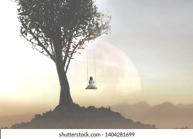Konzept der Freiheit und Entspannung eines jungen Mädchens, das auf einer Schaukel vor einer surrealen Landschaft schwingt