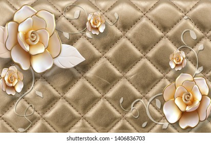 3D Wallpaper gold rose Design with jewels - beautiful wall brick background 