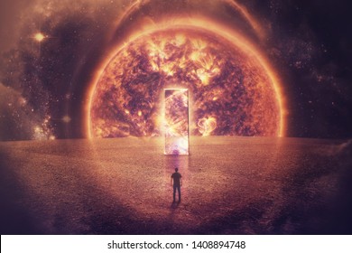 Surreal space view as a confident man silhouette stands in front of a huge mirror door on an imaginary planet. Space teleportation technology over exploding quasar background. Light speed journey .