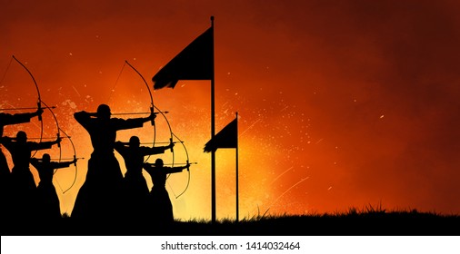 Arte de diseño de silueta de fantasía abstracta de un grupo de guerreros antiguos disparando flechas con arcos en el campo de batalla con batalla de fuego en el fondo