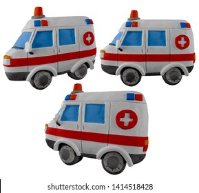 Noodhulpauto, rood-witte ambulance medische dienst voertuig handgemaakt met klei. Geïsoleerd op witte achtergrond.– Afbeelding