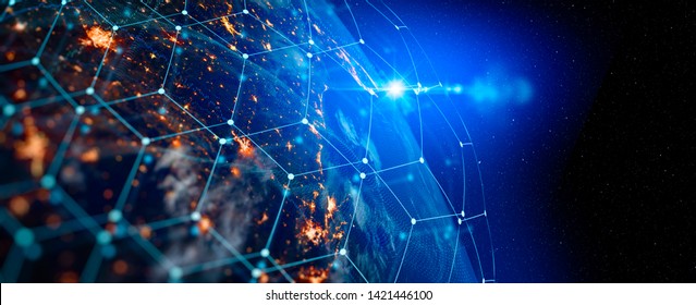 インターネットビジネスのための通信技術。グローバルな世界のネットワークと地球上の電気通信暗号通貨とブロックチェーンとIoT。NASAによって提供されたこの画像の要素