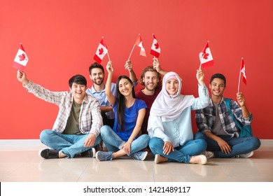 色の壁の近くに座っているカナダの旗を持つ学生のグループ