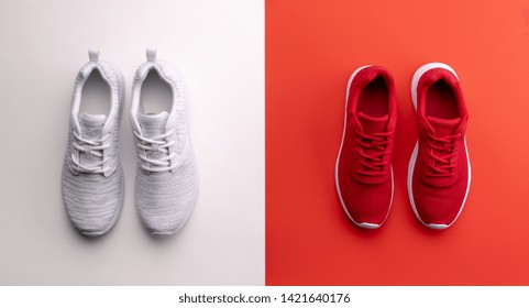 Una foto de estudio de zapatos para correr sobre fondo de color brillante. Endecha plana.