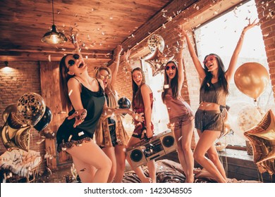 Disco slumber discotheque relax event holiday day vacation indoors decoration concept. Many five company best buddies fellows with ideal pretty attractive figures jumping om beddings having costume