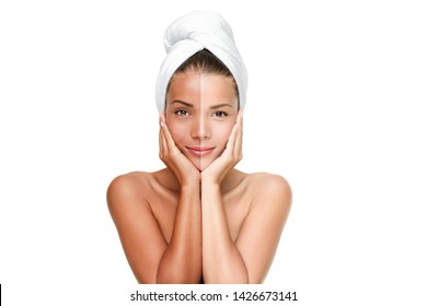 Skin whitening Asian beauty woman touching face comparison between dark tanned skin and fair pale skin. Multiracial model with bath towel half body care sun tanning lifestyle.