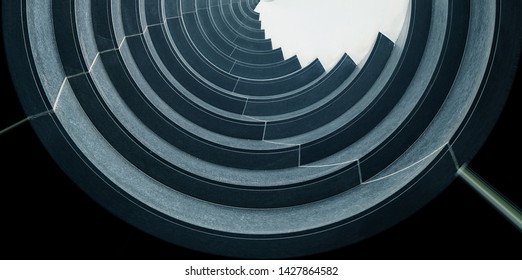 Reworked underside view of curvilinear balconies. Modern architecture seen from low angle. Hi-rise building exterior. Modular architectural structure of multistory house. Round geometric composition.